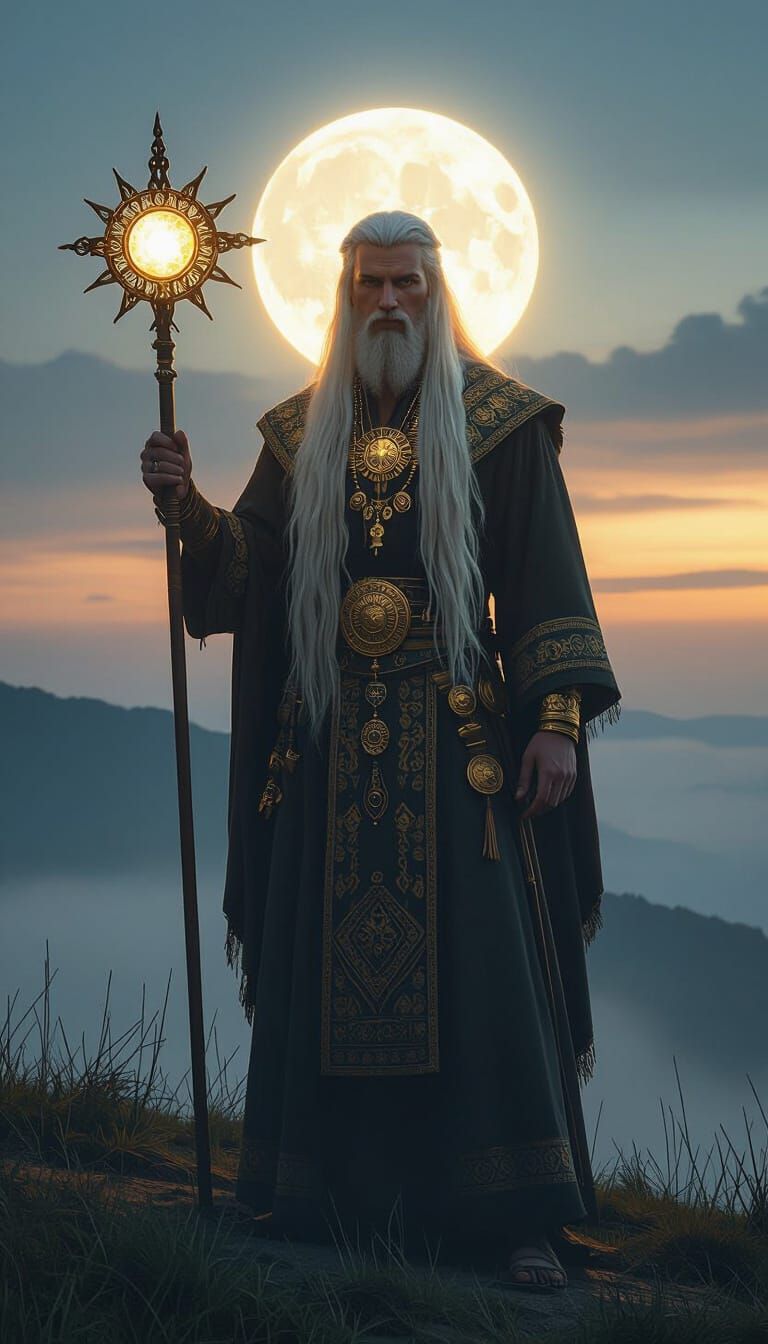 Slavic God Khors with Lunar-Solar Light on Misty Hill