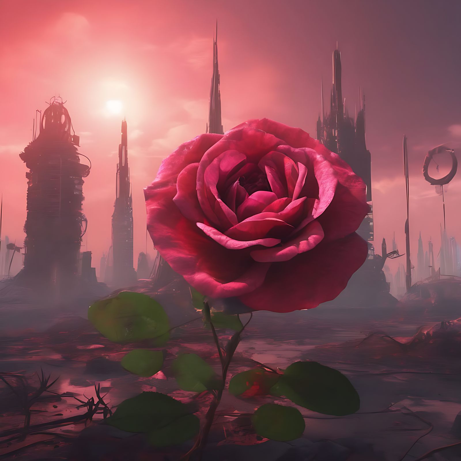 Massive Red Rose Blooms Amidst Futuristic Ruins