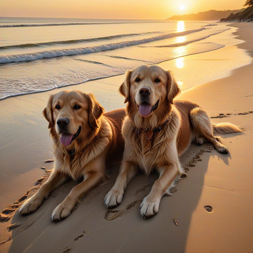 Golden Retriever Family Beach Photo in Digital Illustration ...