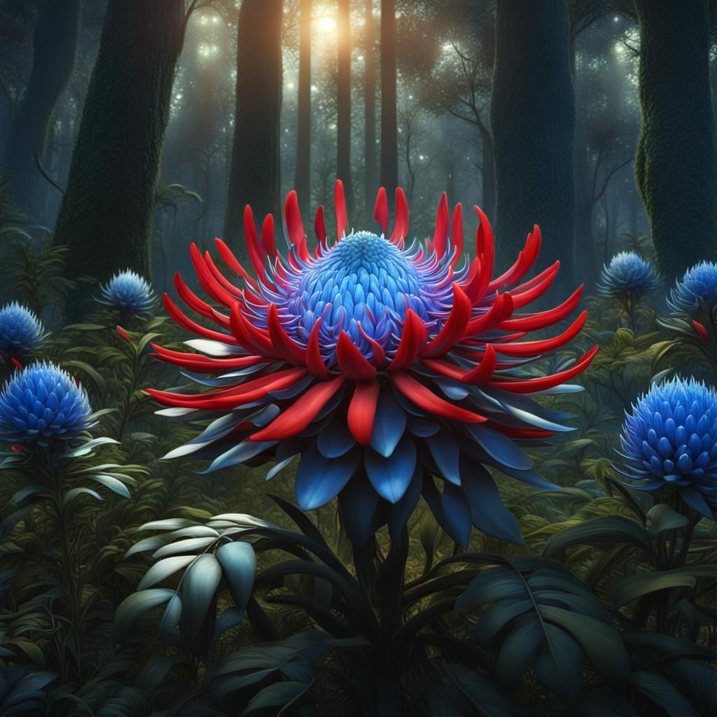 Giant Red Waratah Flower in a Blue Forest