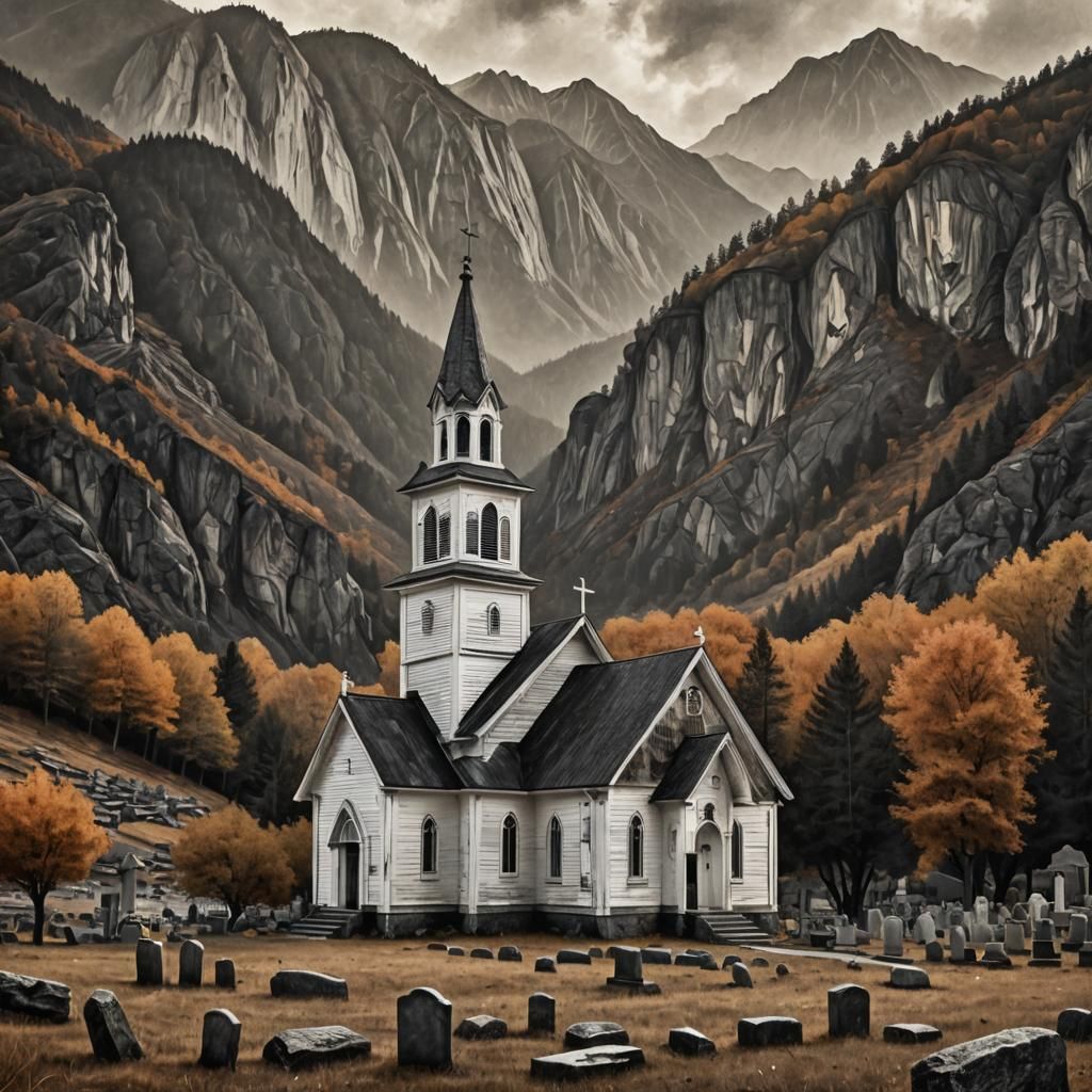 Rustic Church in Valley: Dark Expressionist Digital Art