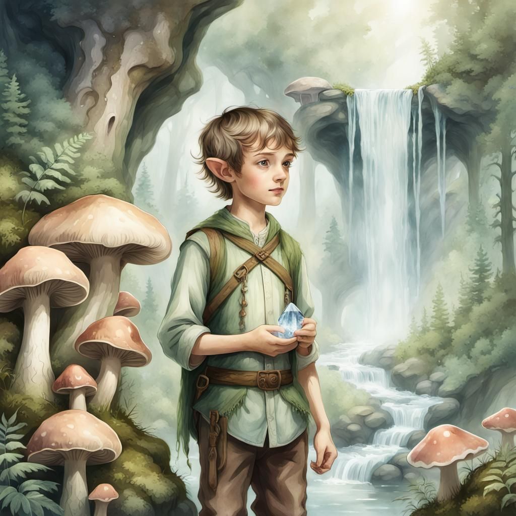 Elven Boy with Crystal at Forest Waterfall