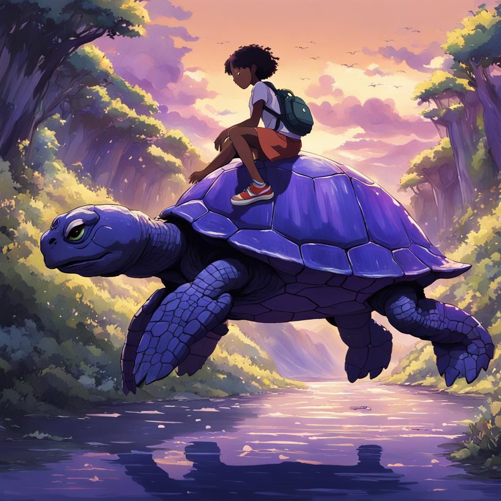 Black Girl Riding Purple Turtle, Studio Ghibli Style