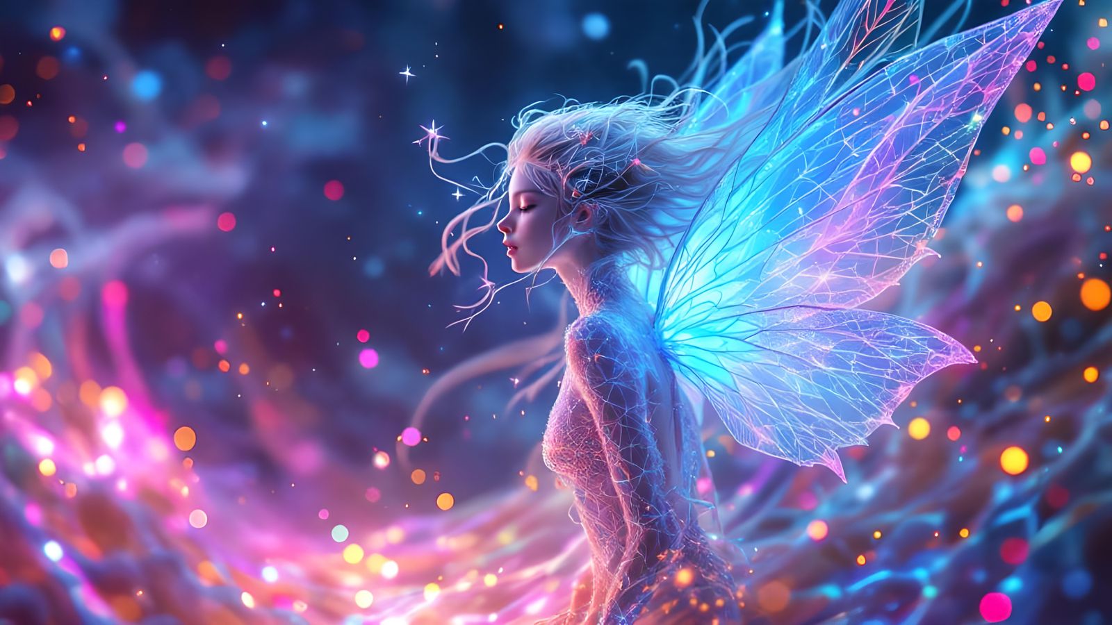 Neon Crystal Fairy at Cosmic Sunset