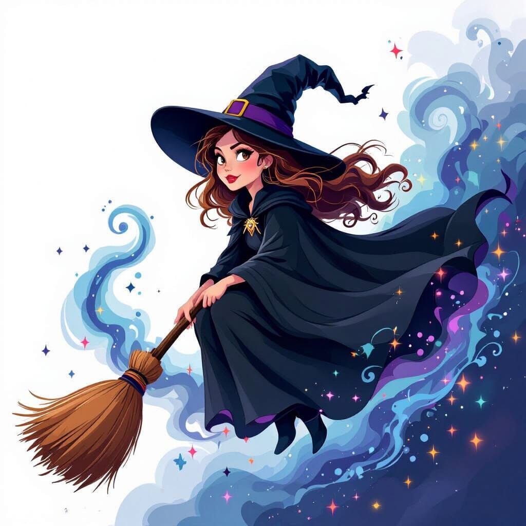Magic Witch Flying on Broomstick in Disney Cartoon Style