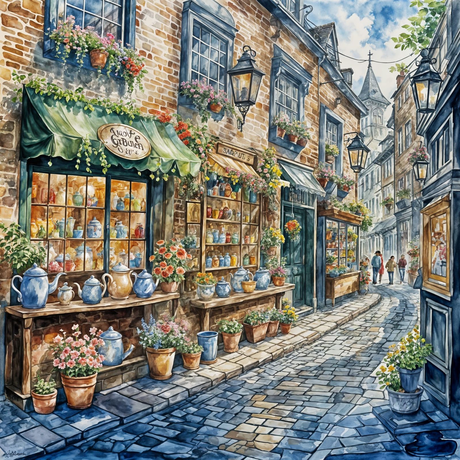 Quaint, Watercolor Street Scene with Flower Shops and Tea Ho...