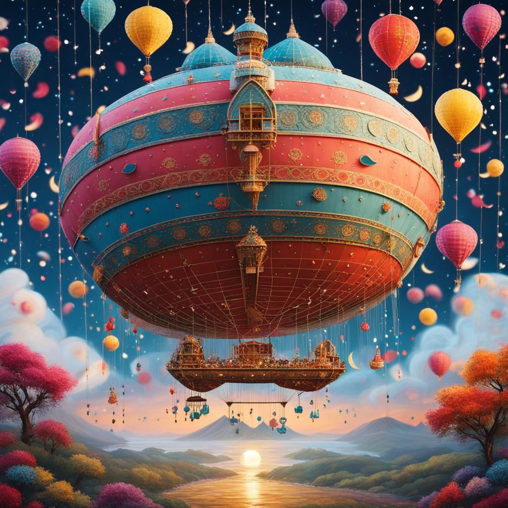 Confetti Tornado Over Asian Airship in Dreamy Style