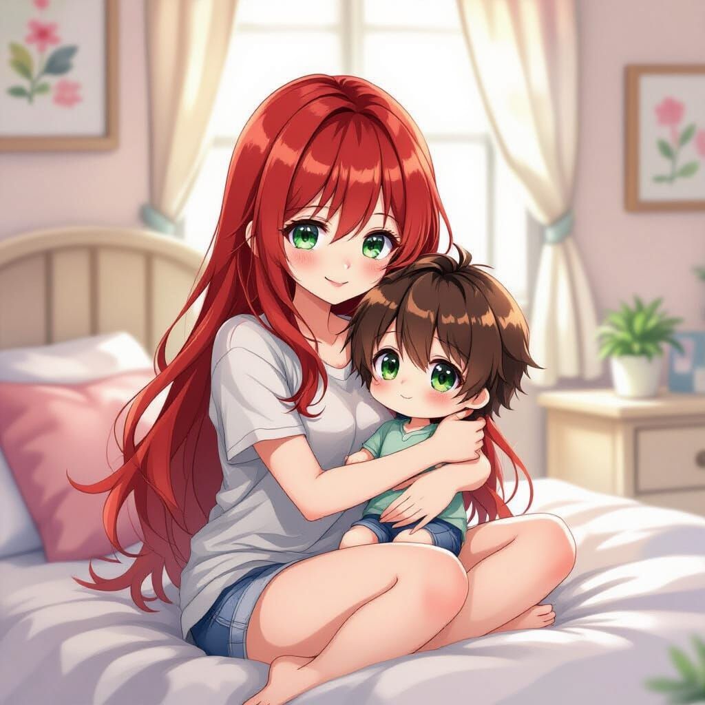 Japanese Woman Hugging Plushie Doll, Kawaii Watercolor Anime