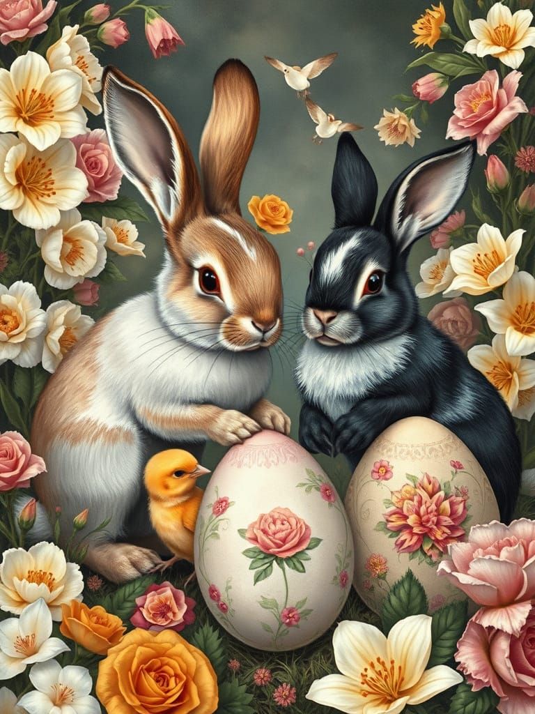 Bunnies and Chicks Painting Easter Eggs: Whimsical Charcoal ...