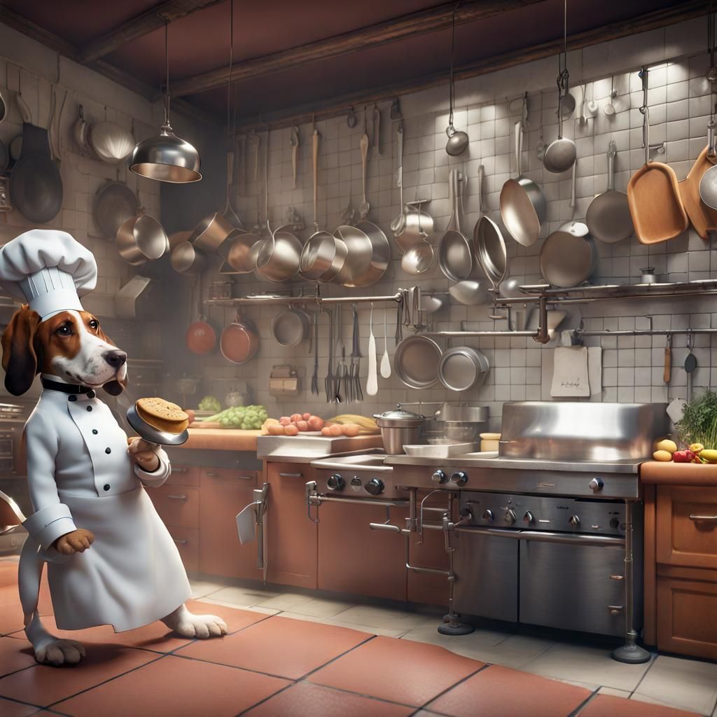 Basset Hound Chef in Restaurant Kitchen