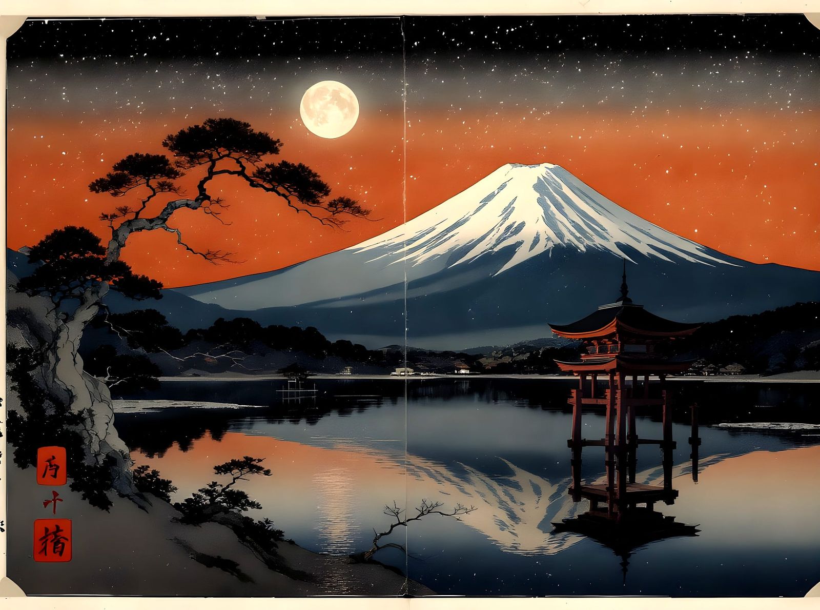 Full Moon Over Mirror Lake and Mount Fuji in Hiroshige Style