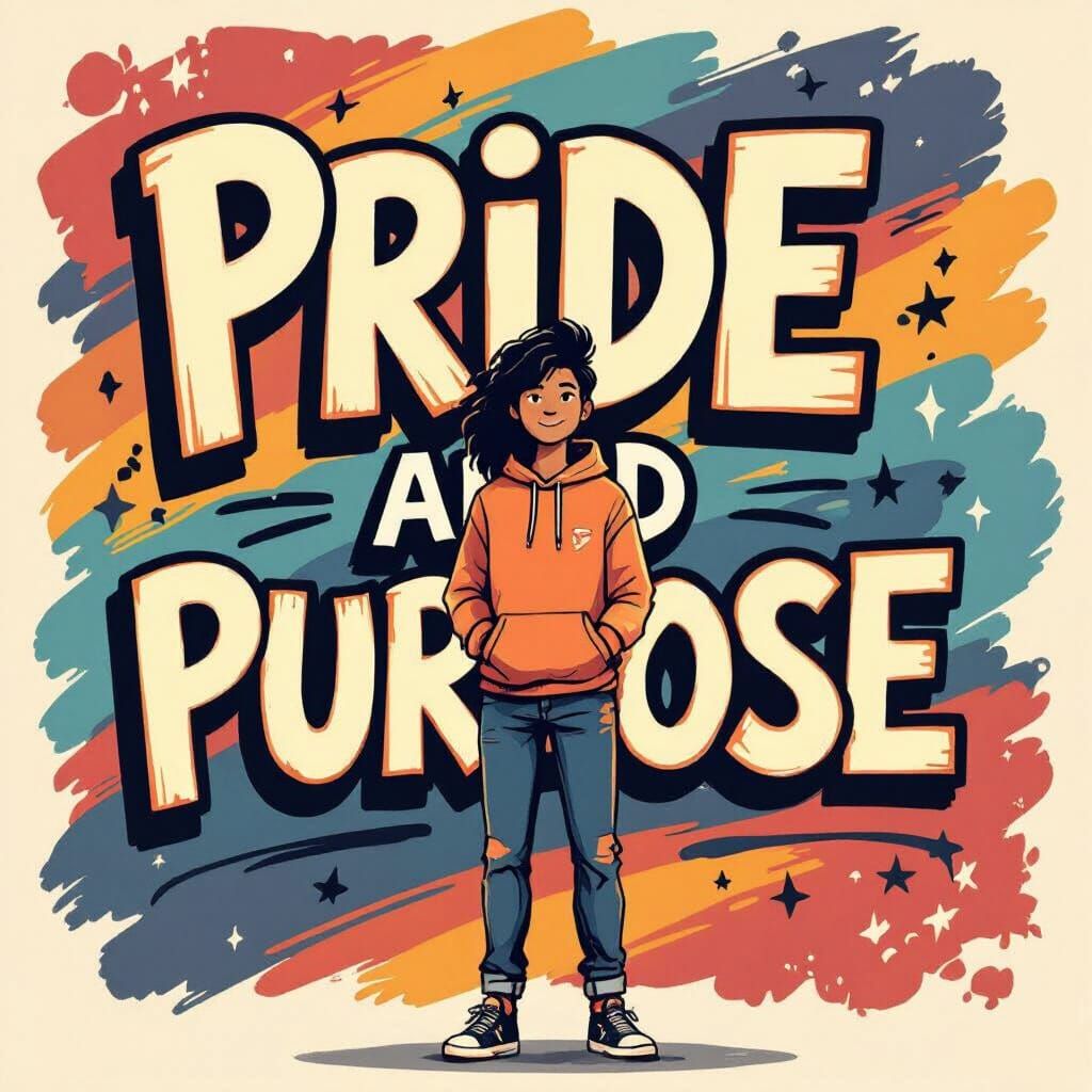 Student with Pride and Purpose Banners, Vibrant Digital Art