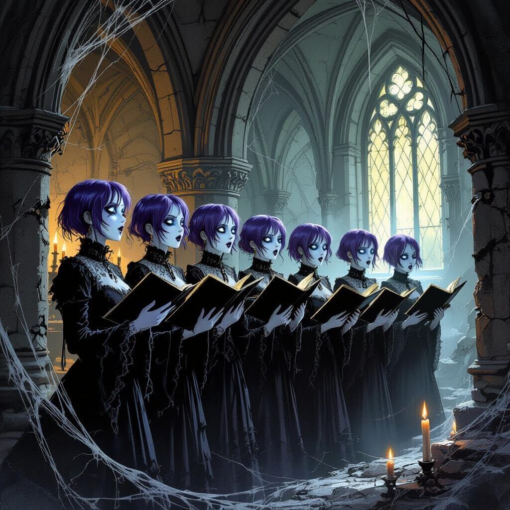 Spectral Choir in Gothic Cathedral in Dark Fantasy Style