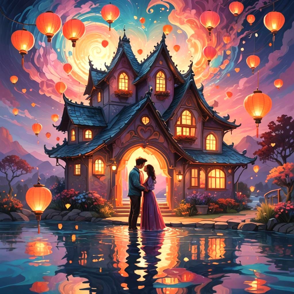 Heart-Shaped House with Love Waves: Fantasy Concept Art