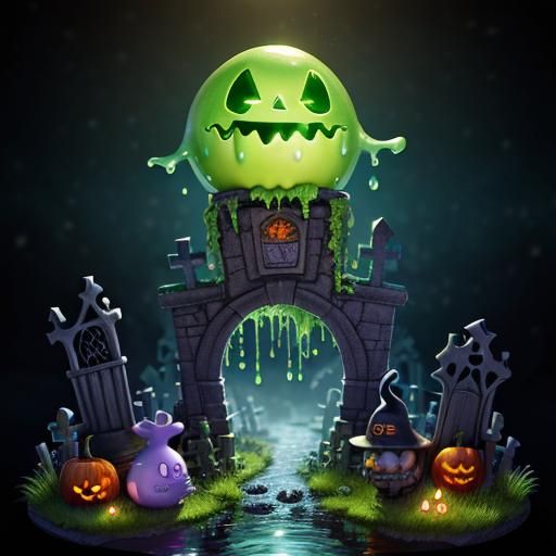 Adorable Halloween Slime Monsters in Graveyard Diorama