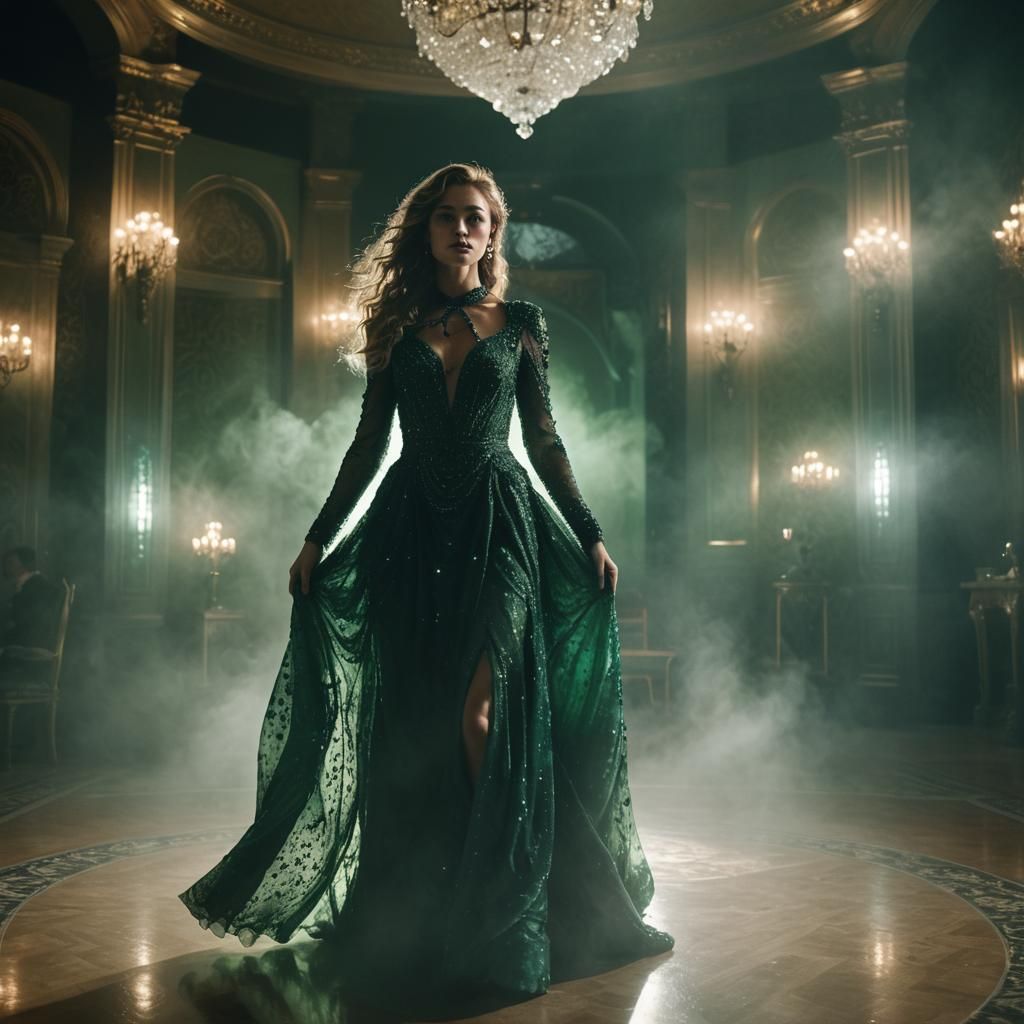 Woman in Encrusted Dress in Grand Ballroom