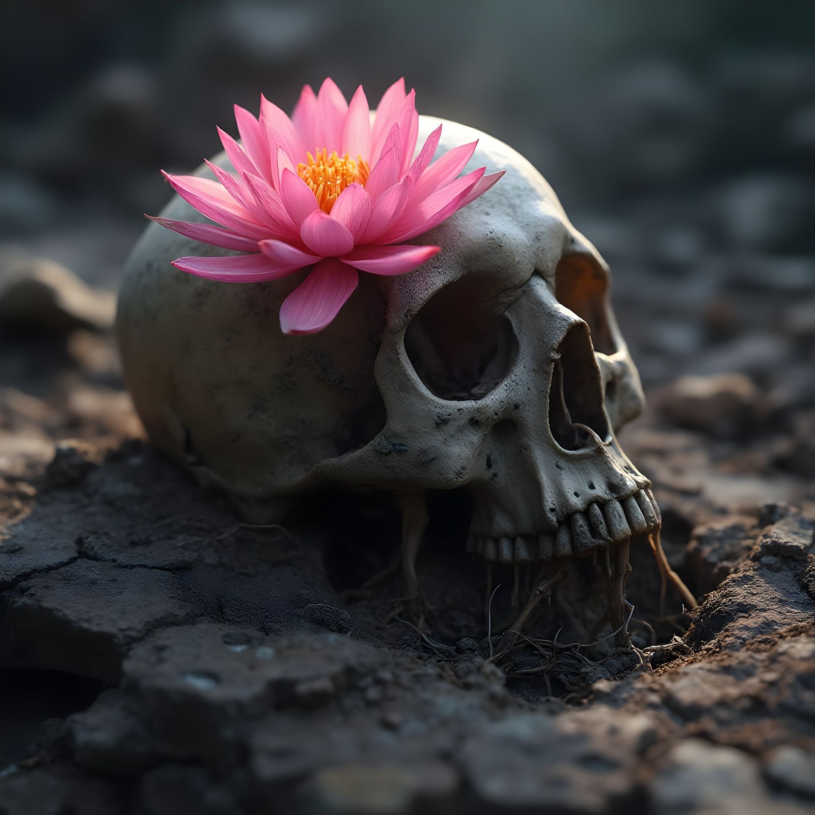 Weathered Skull with Radiant Lotus