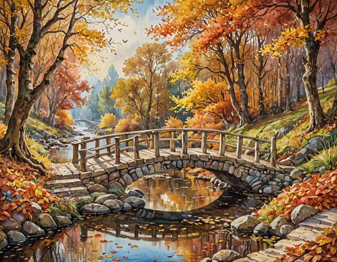 Autumnal Landscape with Bridge in Watercolor Style