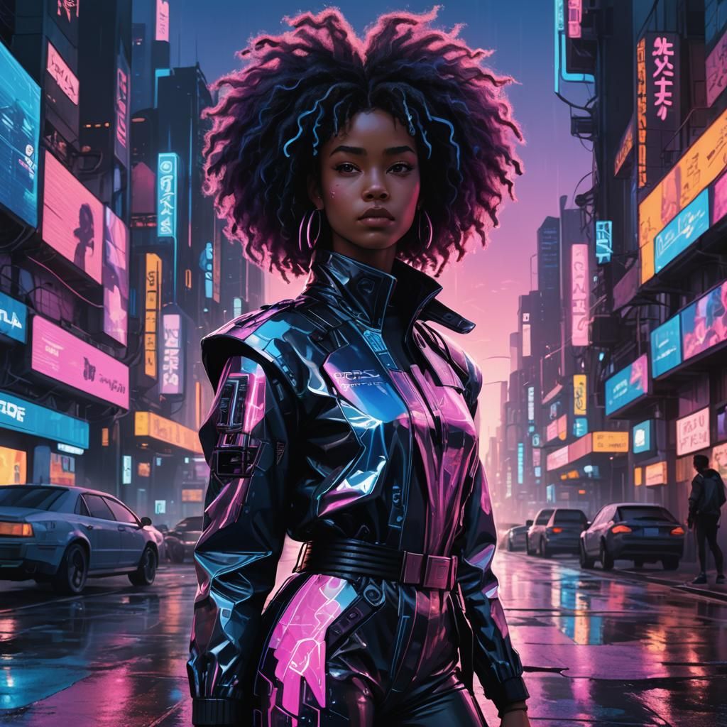 Cyberpunk Woman in Futuristic Cityscape at Dusk