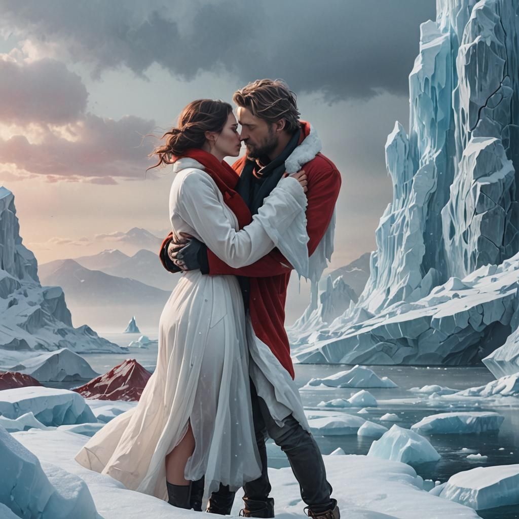 Lovers' Embrace on Iceberg in Fantasy Art