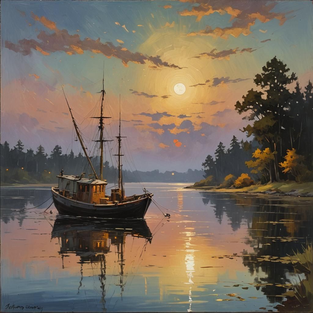 Moonlit Fishing Boat in Impressionist Oil Painting