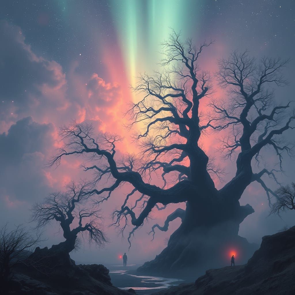 Dreamlike Far Landscape with Shimmering Skies and Ancient Tr...