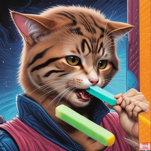 Anthropomorphic Cat Enjoys Popsicle in Comic Book Art