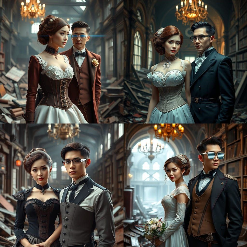 Neo-Victorian Portrait in Steampunk Ruins: A Bride and Groom...