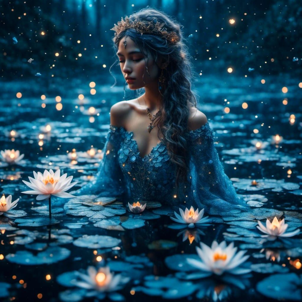 Dreamscape Lake with Water Lilies in Starry Night