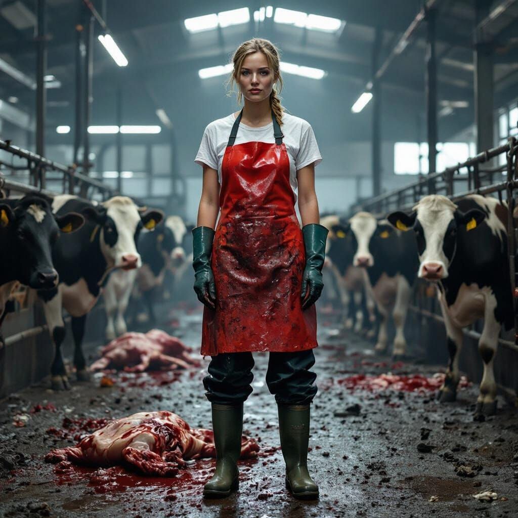 Slaughterhouse Worker in Gritty Industrial Scene