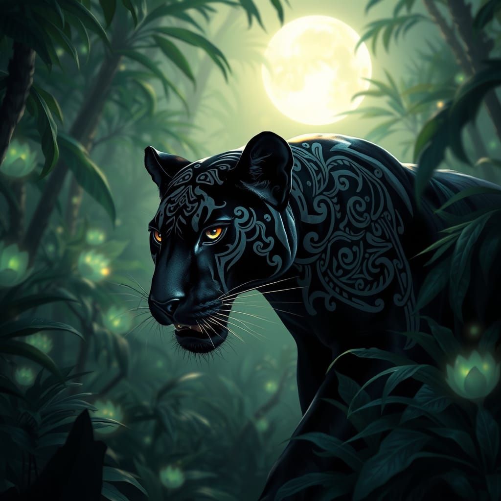 Black Panther in Bioluminescent Jungle, Digital Art