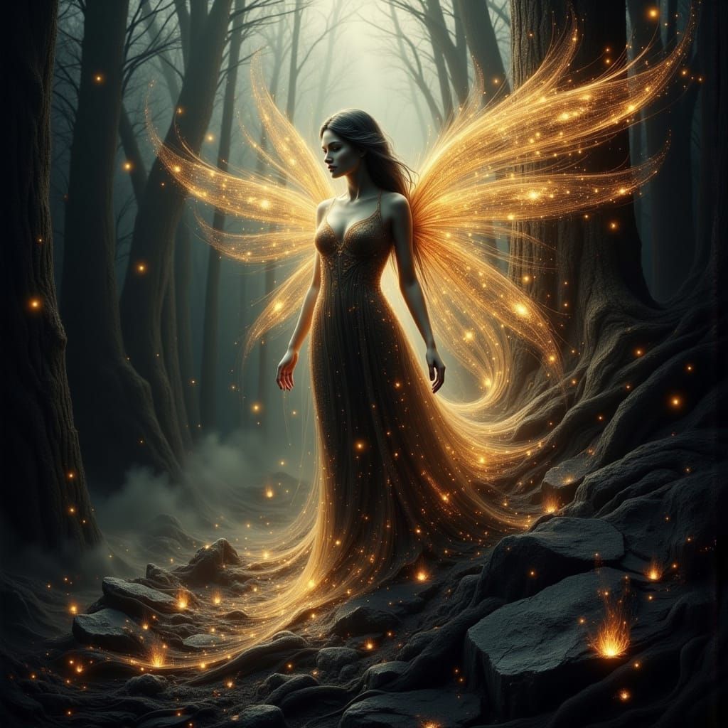 Ash Fairy Rising from Charred Forest, Surreal Art