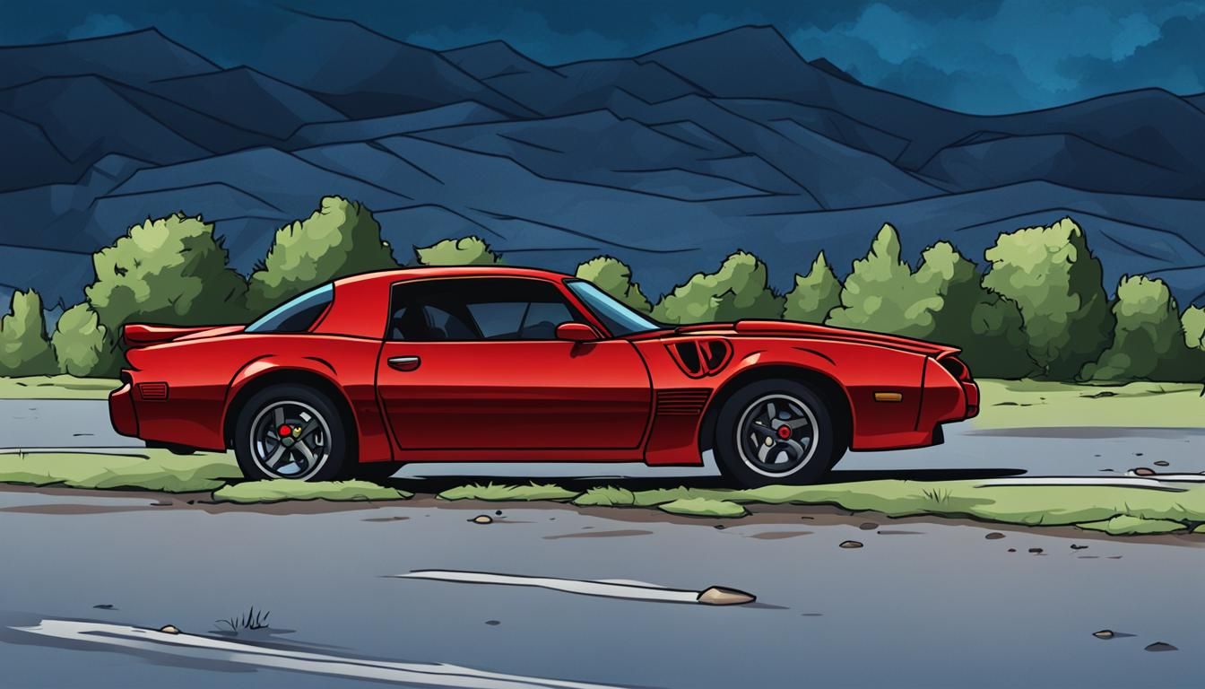 Red Pontiac Trans Am in Cartoon Comic Style