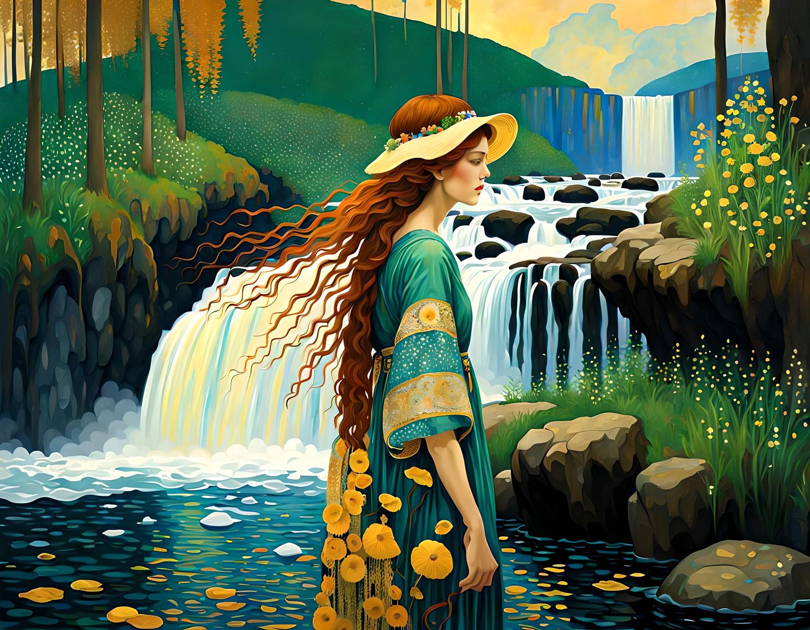 Lush Waterfalls: Klimt-Inspired Detailed Painting