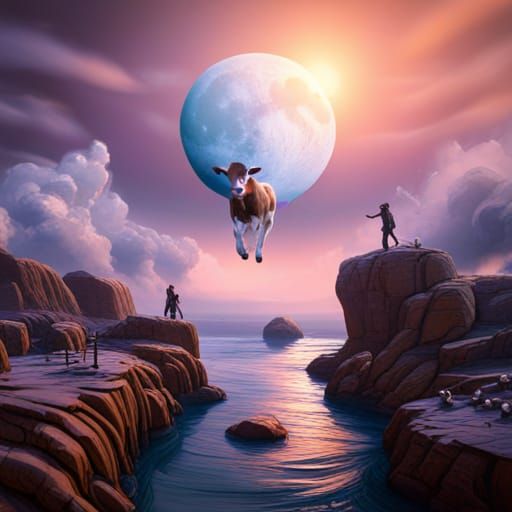 Cow Jumping Over the Moon in Fantasy Style