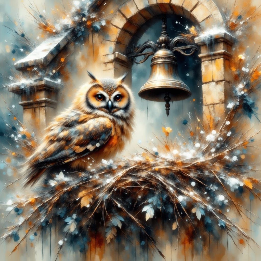 Impressionistic Owl in Church Bell Tower Scene