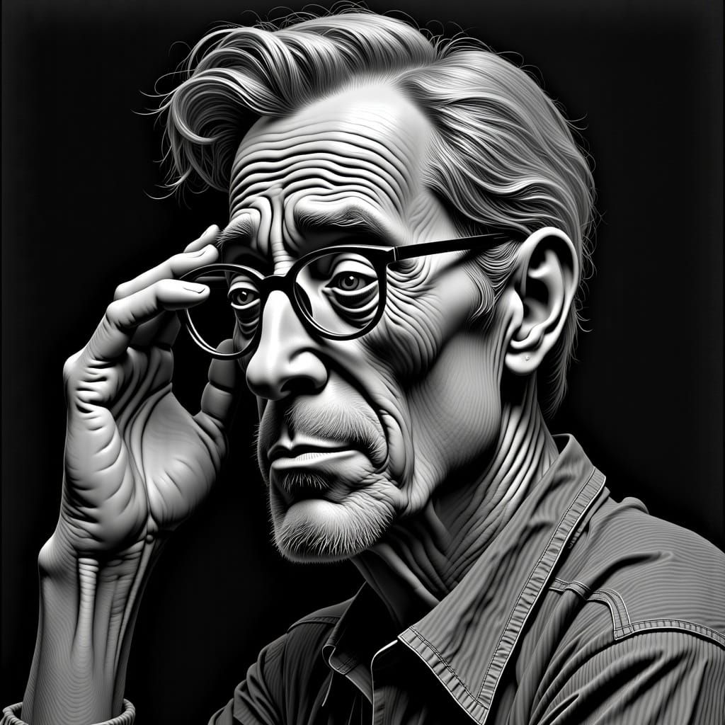 Thoughtful Person Adjusting Glasses in Dystopian Cartoon