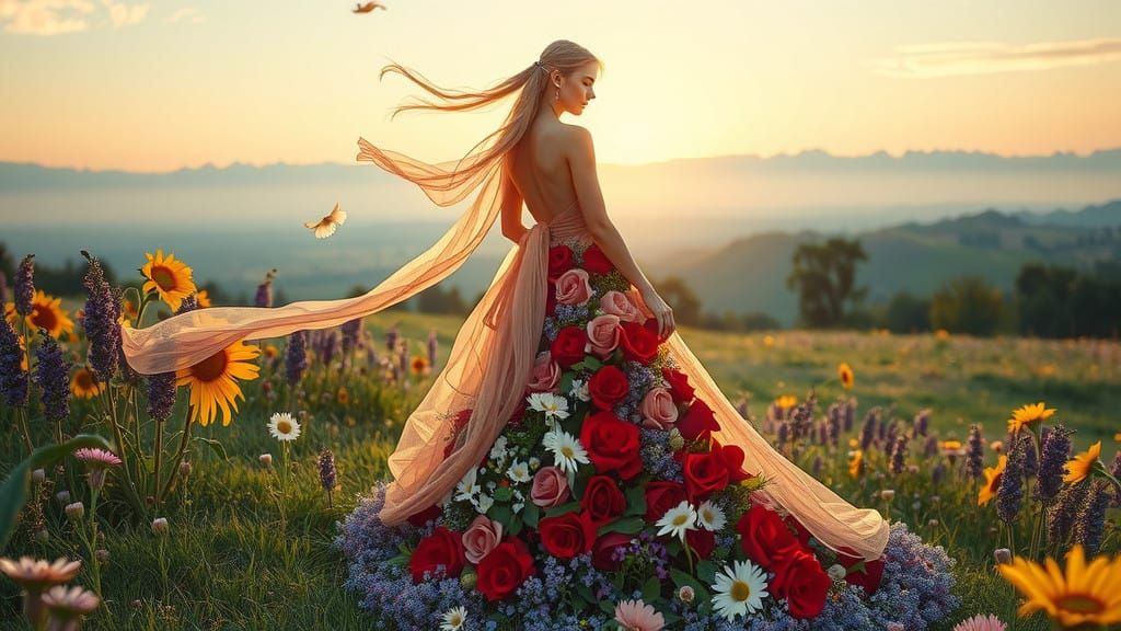 Ethereal Floral Goddess in Whimsical Landscape