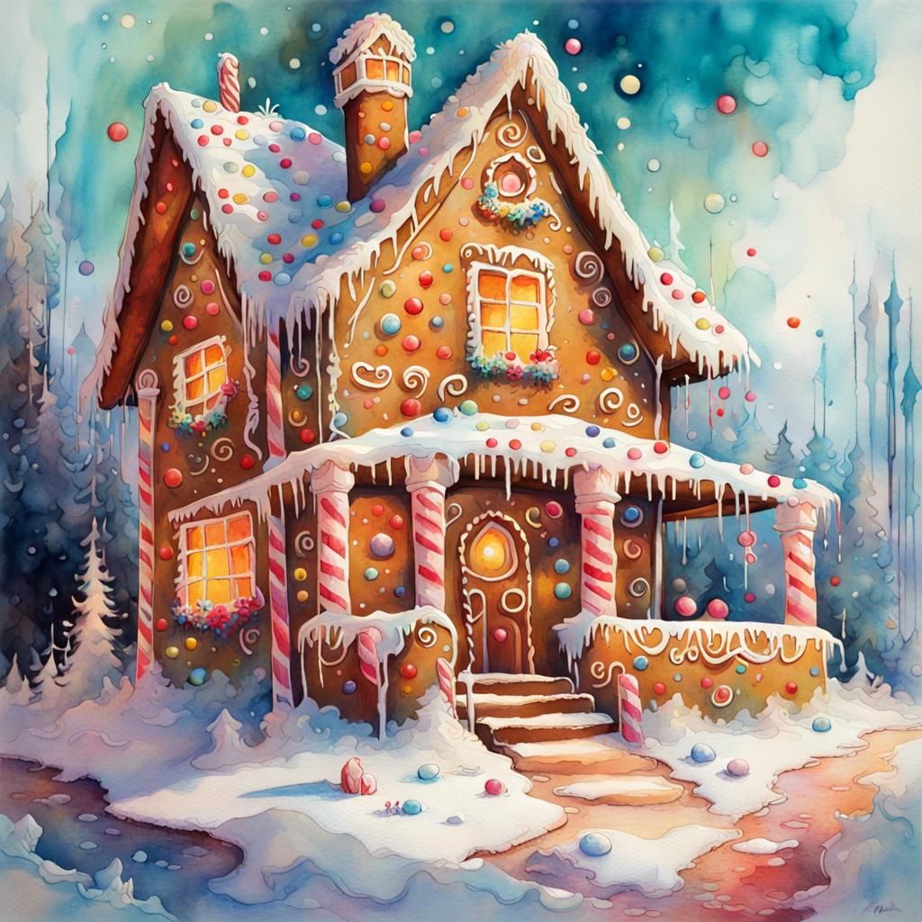 Delicious Gingerbread House in Intricate Watercolour Style