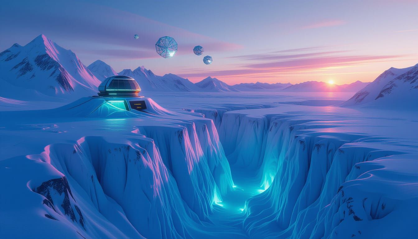 Neon Glacier Observatory at Dawn with Fractal Satellites