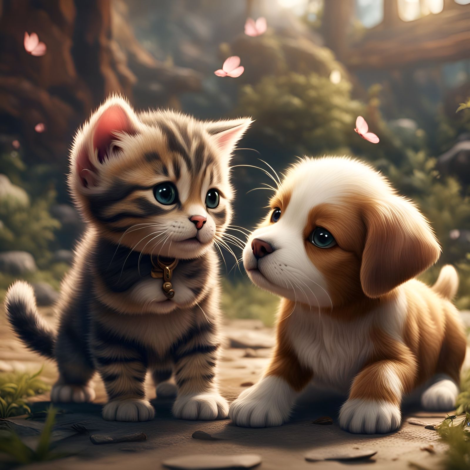Playful Kitten and Puppy Fantasy Concept Art