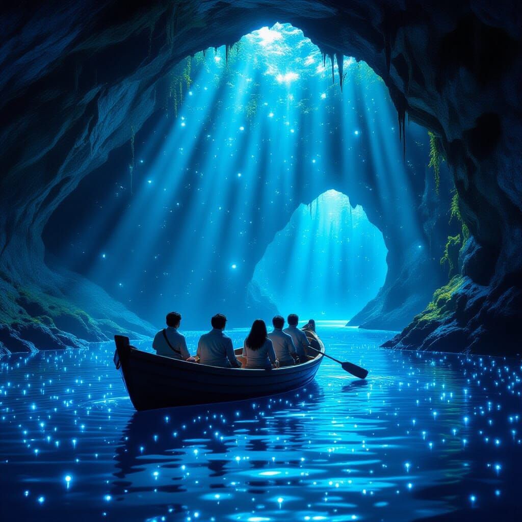 People Adrift Under Bioluminescent Glowworms in Cave