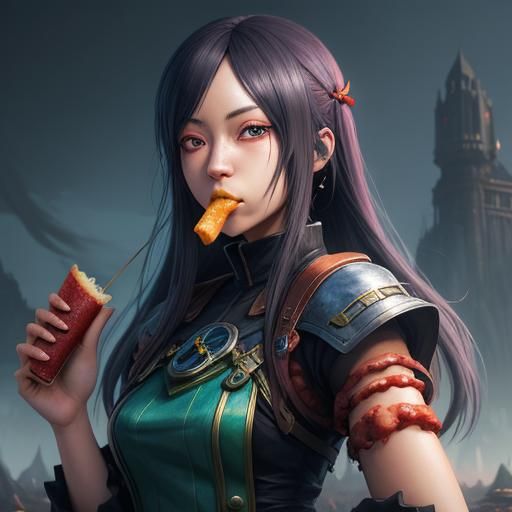 Anime Girl with Hotdog: Detailed Matte Painting