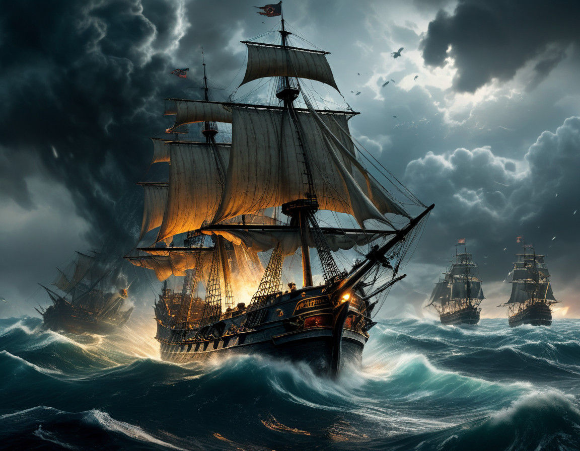 Epic Fantasy Warship Battles Stormy Seas in Hyperrealism