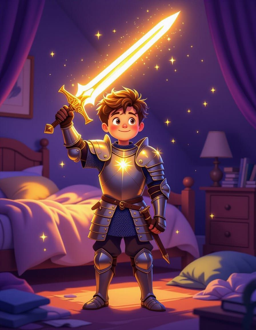 Boy in God's Armor with Radiant Sword
