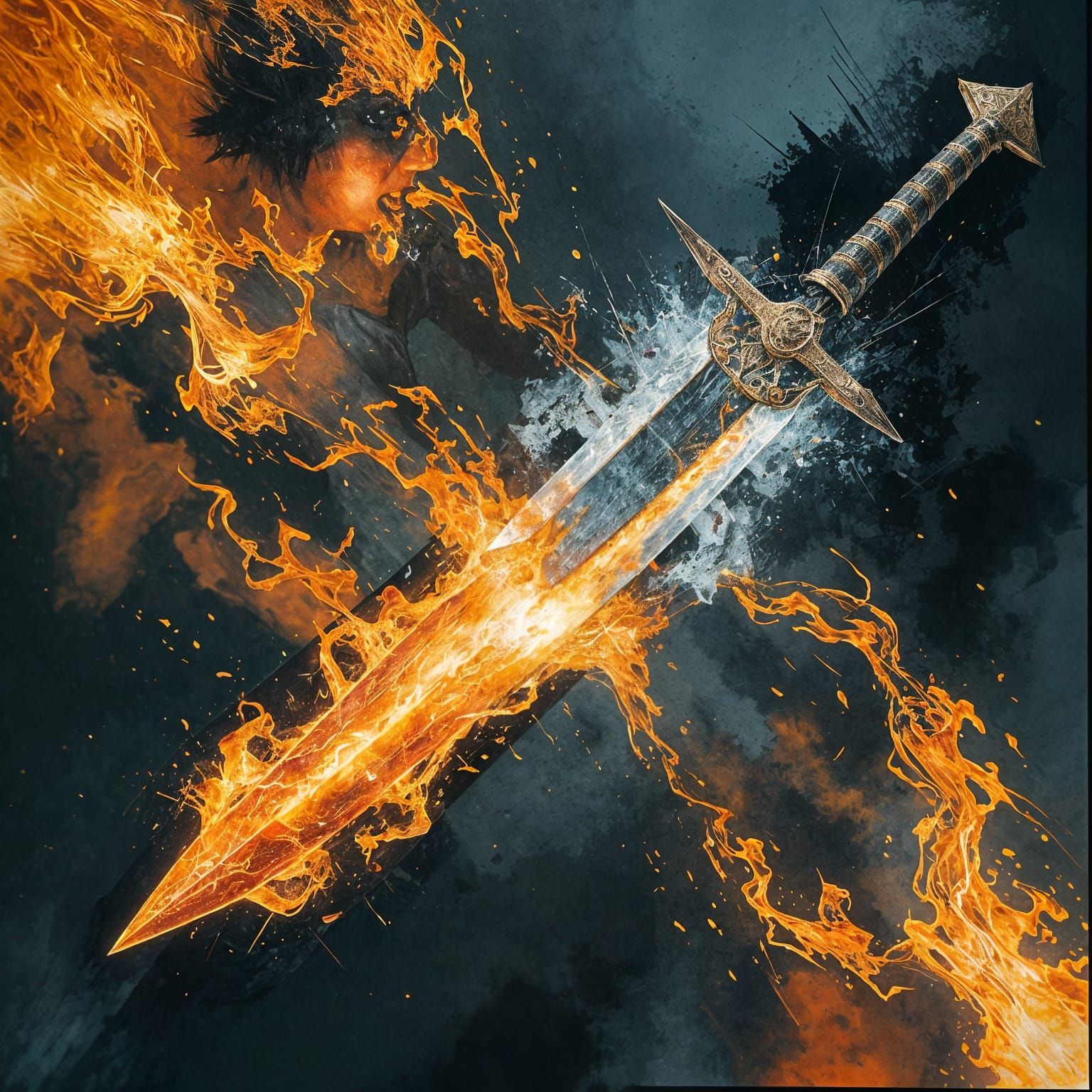 Surreal Blade of Fire and Ice in Gouache Style