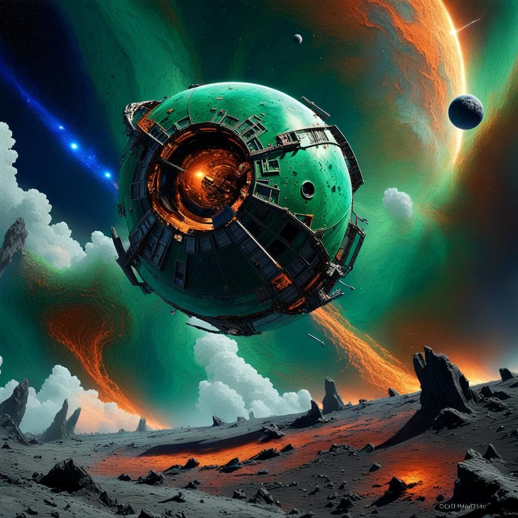 Cosmic Clash Aftermath: Wreckage Above Exotic Planet