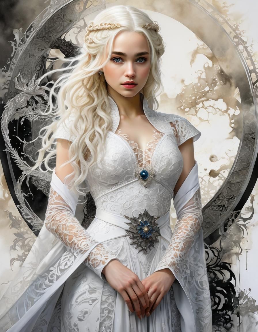 Daenerys Targaryen in White Gown, Alcohol Ink Art