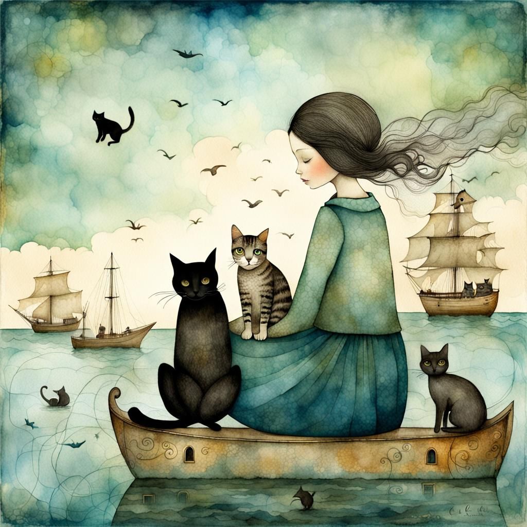 Watercolor Illustration of Cute Girl with Cats