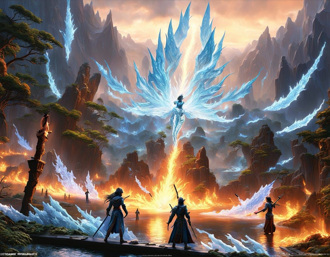 Surreal Battle of Ice and Flame in a Dreamlike Mist